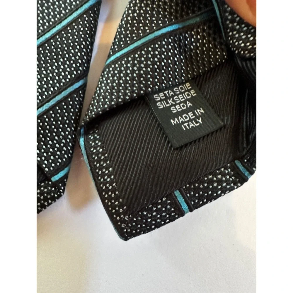 Ermenegildo Zegna Neck Tie 100% Silk Dots Stripes Black Blue White Italy Set